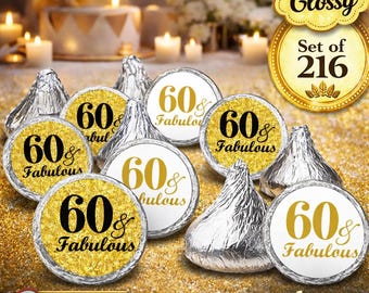60 and Fabulous 60th Birthday Decorations Glossy Stickers (Set of 216) Labels Stickers for Party Favors Decor (Candy NOT INCLUDED)