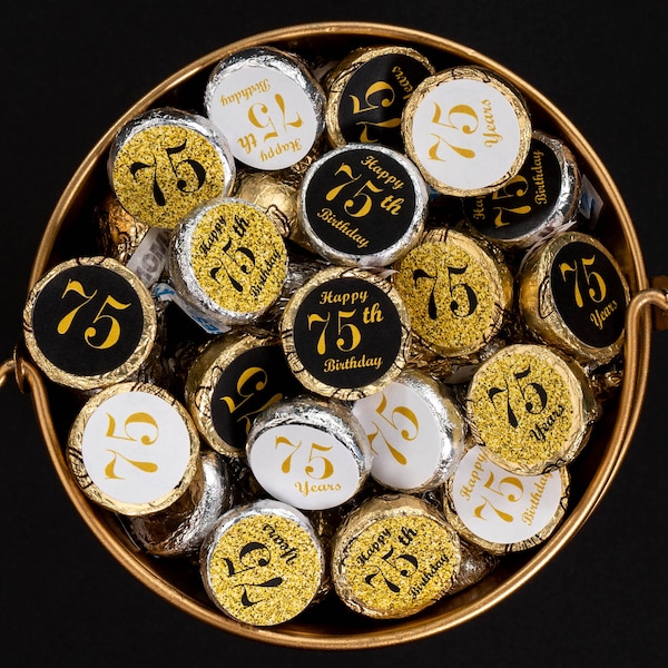 Any Age 75th Birthday Kisses Stickers (Set of 324) Adult Gold Black Theme Labels Stickers For  Kisses Favors (CANDY NOT INCLUDED)