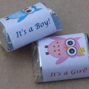 30 baby owl theme baby shower favors labels / wrappers for nugget candy pink or blue candy not included image 1