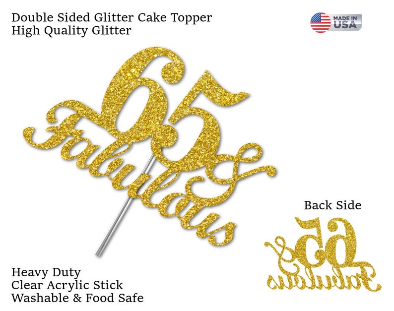 65 and fabulous Birthday Cake toppers Double Side Glitter Adult Party 65th Birthday Party Decorations 65th Cake Topper 65th birthday Cake