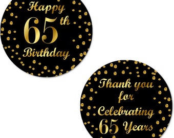 65th Birthday 65th Happy Birthday Stickers, 2 Inch Big Round Glossy Labels Made in USA (Black and Gold Label) SET OF 40