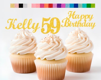 59th Birthday Decorations Personalized Birthday Cupcake Toppers Custom Age, Name & Happy Birthday Sign - Party Decorations for Kids Adults