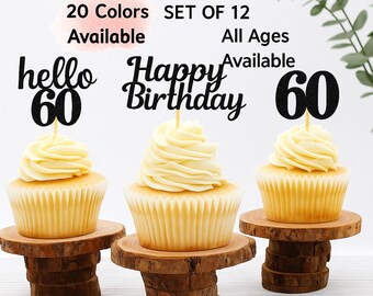 60th Birthday Decorations 60th Birthday Cupcake Toppers | Hello 60 Decoration Theme | Number 60 Happy Birthday Sign Age Toppers Party Decor