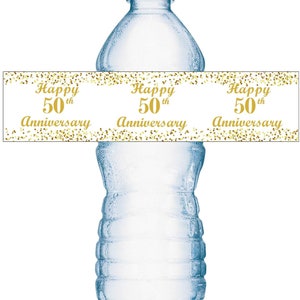 Any Number 50th Wedding Anniversary Waterproof Water Bottle Labels (Set of 20) Waterproof  Wrappers Gold White Happy Anniversary Label
