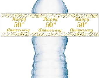 Any Number 50th Wedding Anniversary Waterproof Water Bottle Labels (Set of 20) Waterproof  Wrappers Gold White Happy Anniversary Label