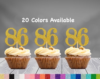 86th Birthday Cupcake Toppers | Glitter Number 86 Decorations | 86th Party Decor | Age 86 Milestone | Party Favors Birthday Party Supplies