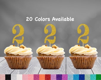 2nd Birthday Cupcake Toppers | Glitter Number 2 Decorations | 2nd Party Decor | Age 2 Milestone | Party Favors Birthday Party Supplies