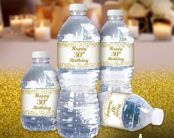 30th Birthday Water Bottle Labels | SET of 25 | Glossy Waterproof Labels Birthday Party Decorations | Number 30 Age 30 Birthday Favors