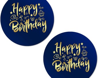 Happy Birthday Stickers (Set of 40)  2 Inch Big Round Glossy Labels  (Blue)