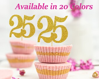 25th Birthday Cupcake Toppers | Glitter Number 25 Decorations | 25th Party Decor | Age 25 Milestone | Party Favors Birthday Party Supplies
