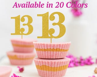 13th Birthday Cupcake Toppers | Glitter Number 13 Decorations | 13th Party Decor | Age 13 Milestone | Party Favors Birthday Party Supplies