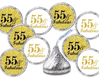 Any Age 55 and Fabulous Birthday Kisses Stickers (Set of 216) Labels Stickers For  Kisses Party Favors CANDY NOT INCLUDED 55th