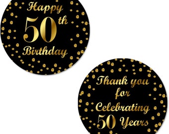 50th Birthday Happy Birthday Stickers, 2 Inch Big Round Glossy Labels Made in USA (Black and Gold Label) SET OF 40