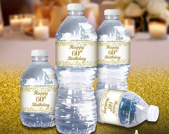 60th Birthday Water Bottle Labels | SET of 25 | Glossy Waterproof Labels Birthday Party Decorations | Number 60 Age 60 Birthday Favors