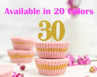 30th Birthday Cupcake Toppers | Glitter Number 30 Decorations | 30th Party Decor | Age 30 Milestone | Party Favors Birthday Party Supplies