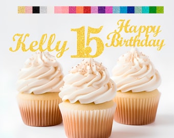 15th Birthday Decorations Personalized Birthday Cupcake Toppers Custom Age, Name & Happy Birthday Sign - Party Decorations for Kids Adults