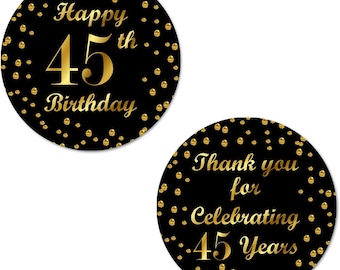 45th Happy Birthday Stickers, 2 Inch Big Round Glossy Labels  (Black and Gold Label)