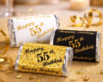 55th Birthday Stickers for Party Favors | Set of 60 GLOSSY Candy Labels | Happy 55 Birthday Decorations | Candy Not Included