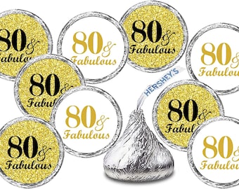 Any Age 80 and Fabulous Birthday Kisses Stickers (Set of 216) Adult 80th Birthday Labels Sticker For Kisses Party Favor (CANDY NOT INCLUDED)