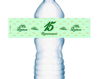 Quinceañera Water Bottle Labels (SET OF 20) Mis Quince Waterproof Water Bottle Wrappers (Green) 15th Birthday Party Decorations Party Favors