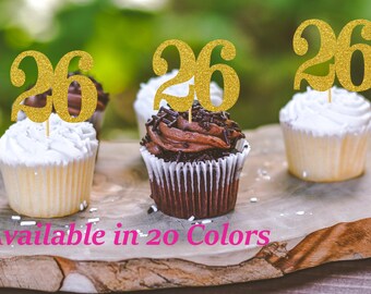 26th Birthday Cupcake Toppers | Glitter Number 26 Decorations | 26th Party Decor | Age 26 Milestone | Party Favors Birthday Party Supplies