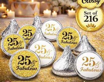 25 and Fabulous 25th Birthday Stickers (Set of 216) 25th Birthday Decorations Party Favors Decor (CANDY NOT INCLUDED) Gold theme