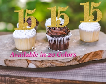 15th Birthday Cupcake Toppers | Glitter Number 15 Decorations | 15th Party Decor | Age 15 Milestone | Party Favors Birthday Party Supplies