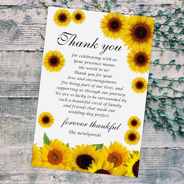 Sunflower Wedding Thank You Cards Glossy Finish (Set of 50 ) (4x6 Cards )  Wedding Place Setting Cards Bridal Shower Rehearsals Dinner Party