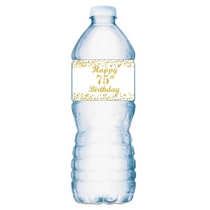 Any Number 75th Birthday Water Bottle Glossy Waterproof Labels (Set of 20) Waterproof Water Bottle Wrappers Gold White Happy Birthday Labels