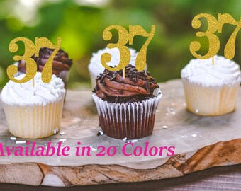 37th Birthday Cupcake Toppers | Glitter Number 37 Decorations | 37th Party Decor | Age 37 Milestone | Party Favors Birthday Party Supplies