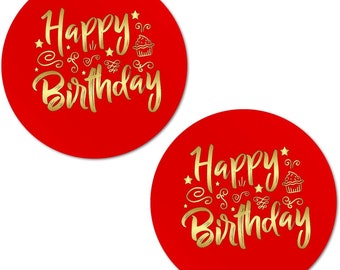Happy Birthday Stickers (SET of 40) 2 Inch Big Round Glossy Labels Made in USA (Red)