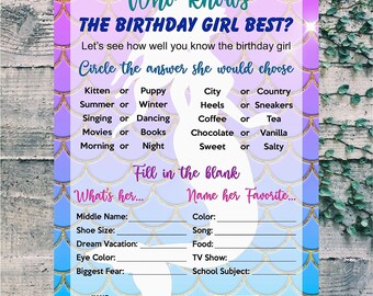 Mermaid Who Knows The Birthday Girl Best Game  (SET OF 30) Mermaid Themed Birthday Party Games