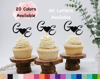 Personalized Initials Cupcake Toppers with Heart , Monogram Letter Cupcake Toppers For Wedding  Bridal Shower Bachelorette  Engagement party