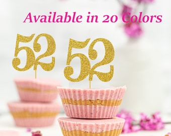 52nd Birthday Cupcake Toppers | Glitter Number 52 Decorations | 52nd Party Decor | Age 52 Milestone | Party Favors Birthday Party Supplies