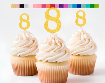 8th Birthday Cupcake Toppers | Glitter Number 8 Decorations | 8th Party Decor | Age 8 Milestone | Party Favors Birthday Party Supplies