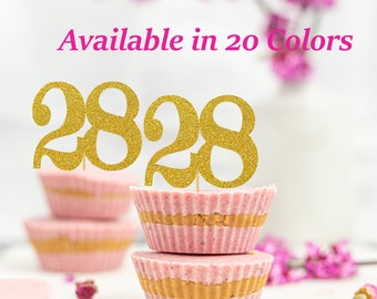 28th Birthday Cupcake Toppers | Glitter Number 28 Decorations | 28th Party Decor | Age 28 Milestone | Party Favors Birthday Party Supplies