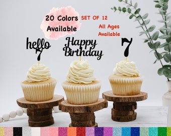7th Birthday Cupcake Toppers | Hello 7 Theme | Number 7 | Happy Birthday Sign | Glitter Birthday Decorations | Age Toppers Party Decor