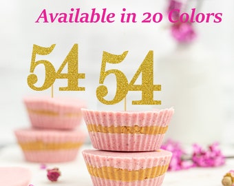 54th Birthday Cupcake Toppers | Glitter Number 54 Decorations | 54th Party Decor | Age 54 Milestone | Party Favors Birthday Party Supplies