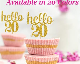 20th Birthday Cupcake Toppers  Hello 20 Cupcake Toppers| Number 20 Age Glitter Party Decor | Age 20 Birthday Decorations | Party Favors