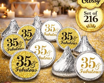 35 and fabulous Birthday Kisses Stickers (Set of 216 Labels Stickers Kisses Party Favors Decor (CANDY NOT INCLUDED) 35th birthday decoration