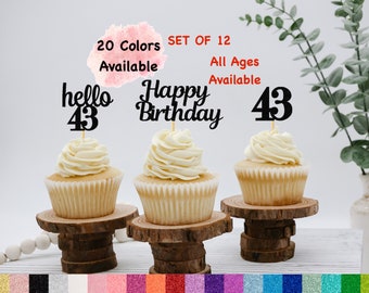 43rd Birthday Cupcake Toppers | Hello 43 Theme | Number 43 | Happy Birthday Sign | Glitter Birthday Decorations | Age Toppers Party Decor