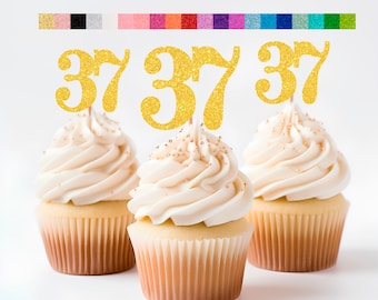 37th Birthday Cupcake Toppers | Glitter Number 37 Decorations | 37th Party Decor | Age 37 Milestone | Party Favors Birthday Party Supplies