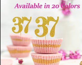 37th Birthday Cupcake Toppers | Glitter Number 37 Decorations | 37th Party Decor | Age 37 Milestone | Party Favors Birthday Party Supplies