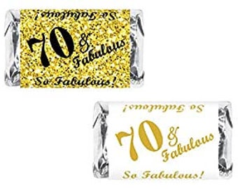 70 and Fabulous | Set of 60 Glossy Stickers | 70th Birthday Labels for Miniature Candy Bar Wrapper | Age 70 Number 70 | CANDY NOT INCLUDED