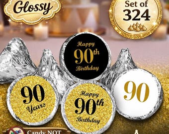 90th Birthday Decorations Party Labels Set of 324 Self-Adhesive Glossy Stickers Party Favors Candy Bags (CANDY NOT INCLUDED)