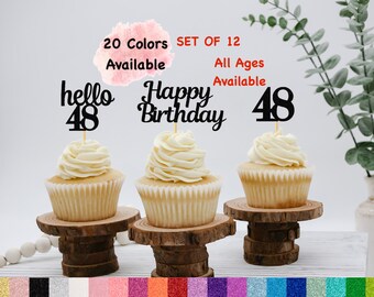48th Birthday Cupcake Toppers | Hello 48 Theme | Number 48 | Happy Birthday Sign | Glitter Birthday Decorations | Age Toppers Party Decor