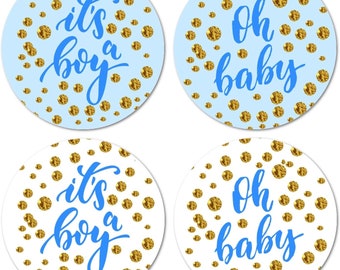 SET OF 40 Blue Oh Baby It’s a Boy Stickers 2 Inch Big Round Glossy Labels