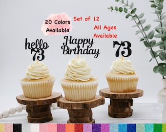 73rd Birthday Cupcake Toppers | Hello 73 Theme | Number 73 | Happy Birthday Sign | Glitter Birthday Decorations | Age Toppers Party Decor