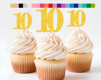 10th Birthday Cupcake Toppers | Glitter Number 10 Decorations | 10th Party Decor | Age 10 Milestone | Party Favors Birthday Party Supplies