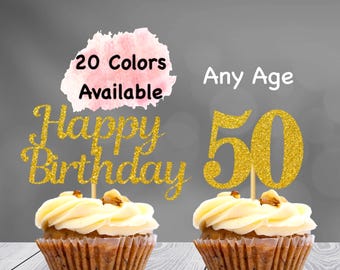 50th Birthday Cupcake Toppers | Number 50 Party Picks | 50th Party Supplies | Age 50 Toppers Party Decor Glitter Happy Birthday Decorations